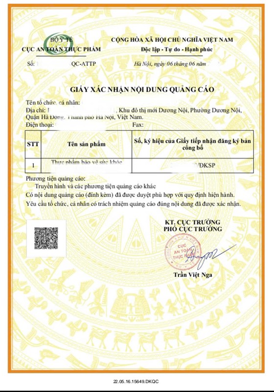 GIẤY XÁC NHẬN NỘI DUNG QUẢNG CÁO THỰC PHẨM CHỨC NĂNG